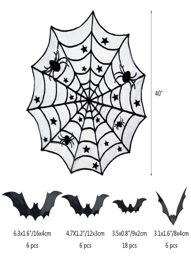 Tayfremn 5pack Halloween Decorations Tablecloth Runner Black Lace Round Spider Cobweb Table Cover Fireplace Mantel Scarf Spiderweb Fireplace Scarf Spider Lampshade with 36pcs Scary 3D Bat for Halloween Party - Image 3