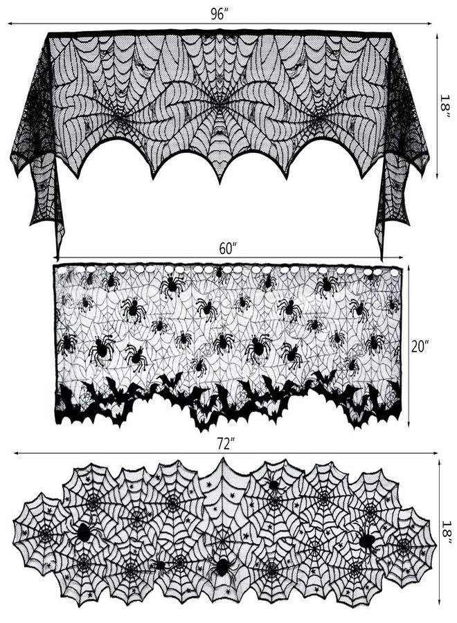 Tayfremn 5pack Halloween Decorations Tablecloth Runner Black Lace Round Spider Cobweb Table Cover Fireplace Mantel Scarf Spiderweb Fireplace Scarf Spider Lampshade with 36pcs Scary 3D Bat for Halloween Party - Image 2