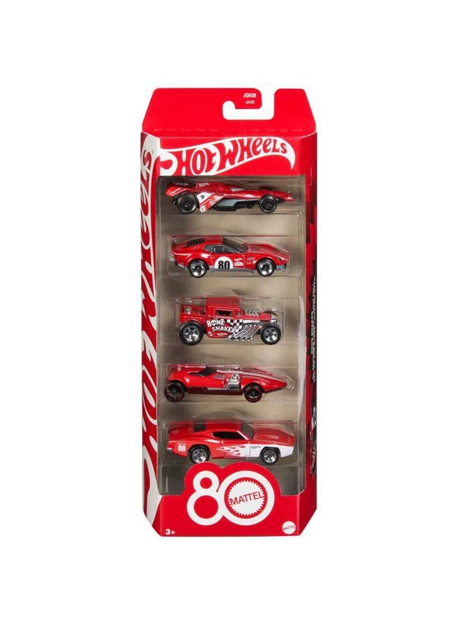 Hot Wheels Toy Cars, 5-Pack of 1:64 Scale Toy Cars with Collectible Deco & Packaging, Core Mattel 80th Anniversary Set of 5 Vehicles - Image 1