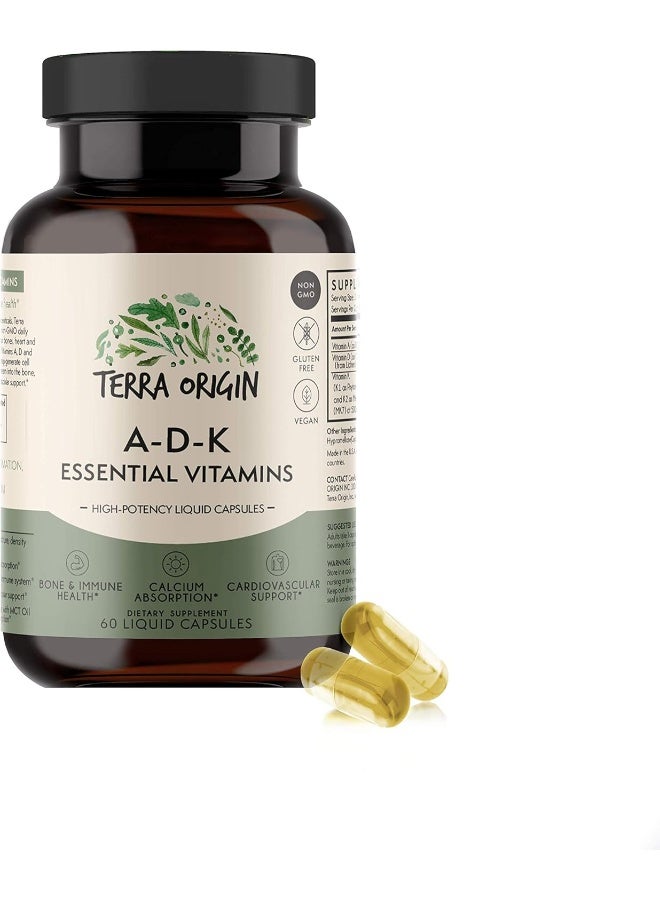 Terra Origin Adk Essential Vitamins - 60 High Potency Liquid Capsules, Vegan, Non-Gmo, Gluten Free, Made In The Usa - Image 1