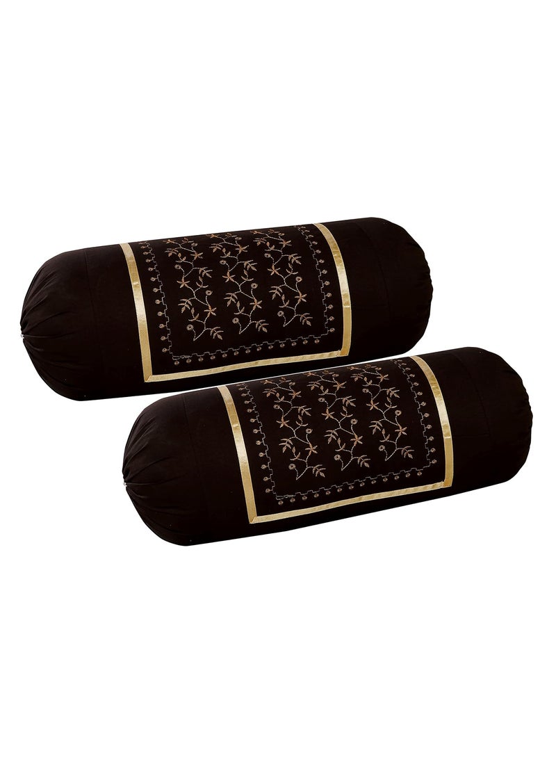Rj Products Rj Products Cotton Bale Embroidery Bolsters Covers Pack of 2 Piece Brown_Coffee  - Image 2