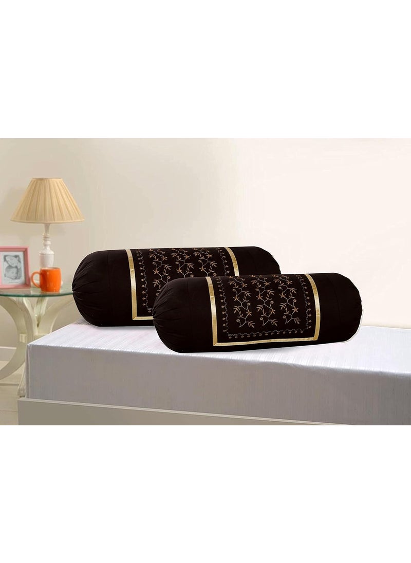Rj Products Rj Products Cotton Bale Embroidery Bolsters Covers Pack of 2 Piece Brown_Coffee  - Image 1