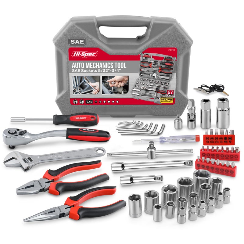 Hi-Spec HiSpec Tools 67pc SAE Auto Mechanics Hand Tool Kit Set Complete Car Motorcycle Engine Garage Repairs with Sockets Ratchet Wrench Pliers More - Image 2