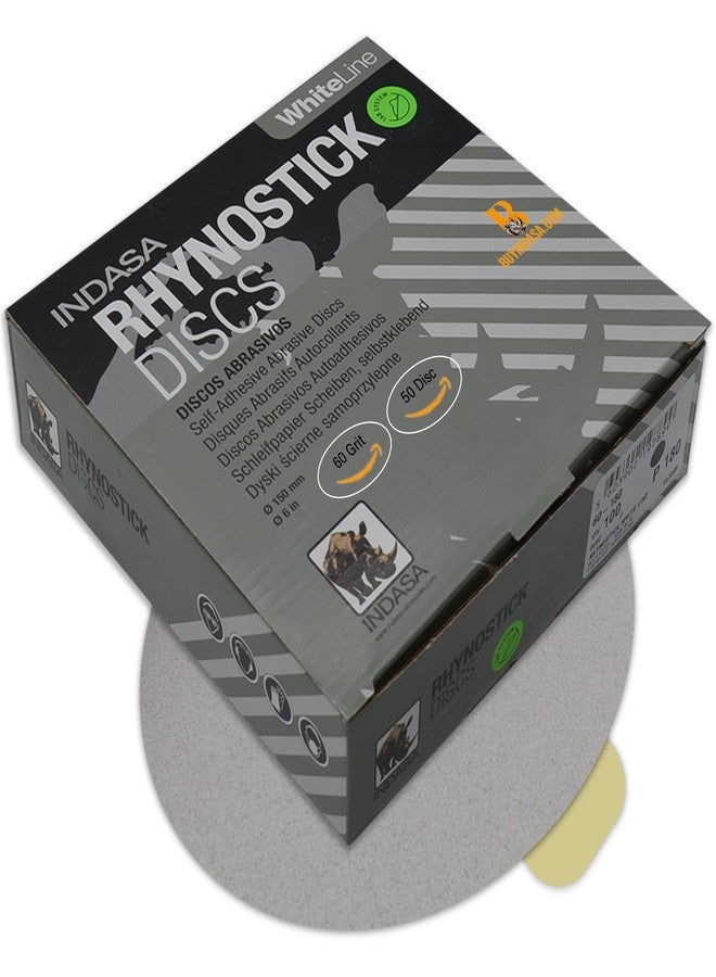 Indasa 6" 50 PCS PSA Sanding Discs - Rhynostick 60 Grit / 50 Discs - Self-Adhesive Sticky-Back Sandpaper for DA Sander, Automotive, Wood, Metal, Paint, Whiteline - Image 1