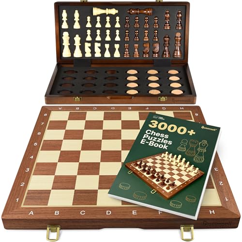 Queensell 2 in 1 Magnetic Chess Set  Checkers Board Game for Adults and Kids  15 Chess Tournament Chessboard with Magnetic Pieces  Free EBook with Chess Puzzles - Image 1