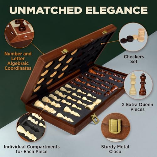 Queensell 2 in 1 Magnetic Chess Set  Checkers Board Game for Adults and Kids  15 Chess Tournament Chessboard with Magnetic Pieces  Free EBook with Chess Puzzles - Image 5