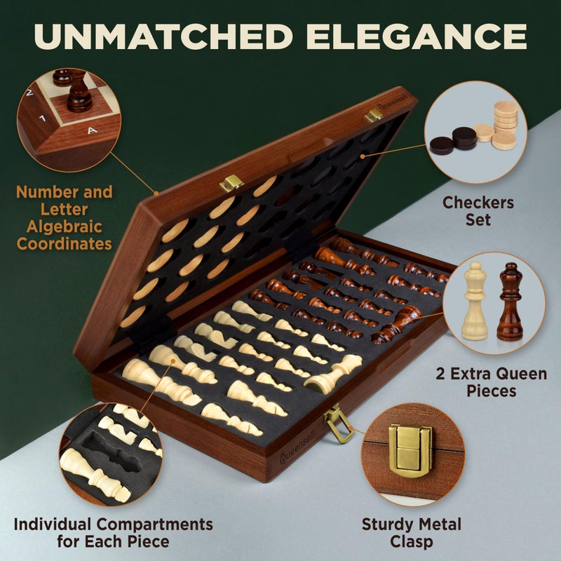 Queensell 2 in 1 Magnetic Chess Set  Checkers Board Game for Adults and Kids  15 Chess Tournament Chessboard with Magnetic Pieces  Free EBook with Chess Puzzles - Image 3