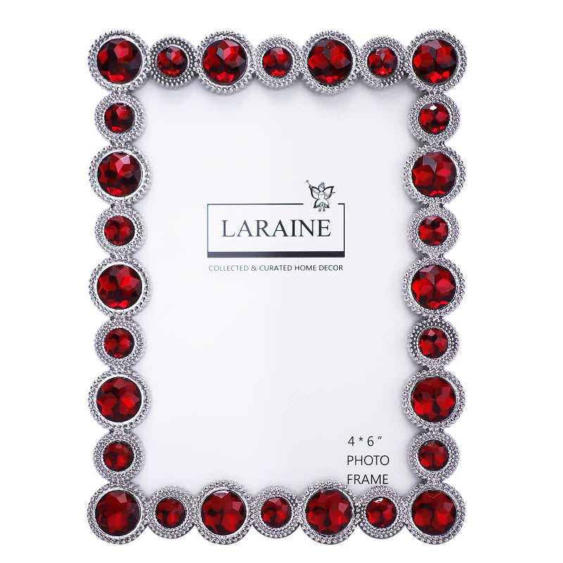 LARAINE Picture Photo Frame 4x6 Rhinestones Metal High Definition Glass Display Pictures for Tabletop Crystal Home Decorative Holiday Gift Red 4x6