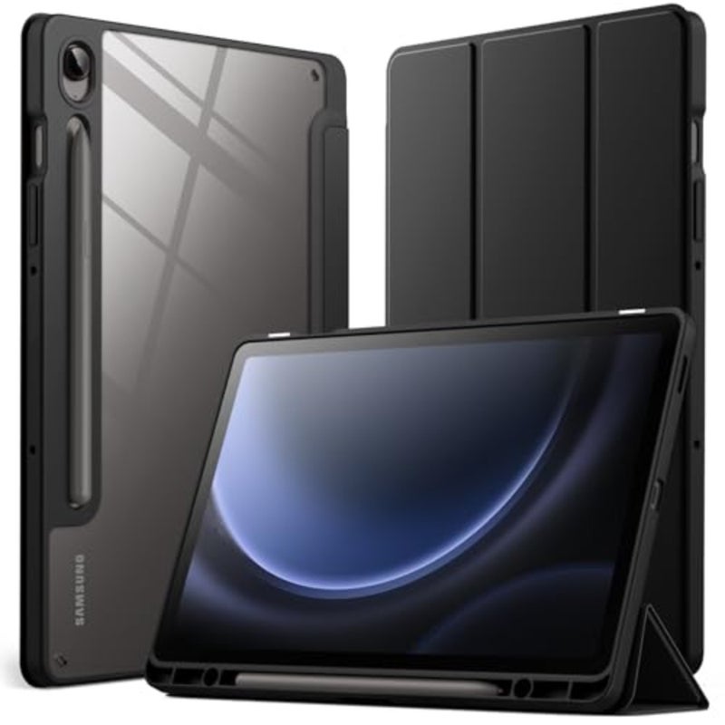 حافظة JETech لجهاز Samsung Galaxy Tab S10 Lite/ S10 FE/ S9 FE مقاس 10.9 بوصة مع حامل قلم S، ظهر شفاف صلب من البولي كربونات، غطاء تابلت واقٍ ثلاثي الطي، تنبيه/غفو تلقائي أسود - Image 1