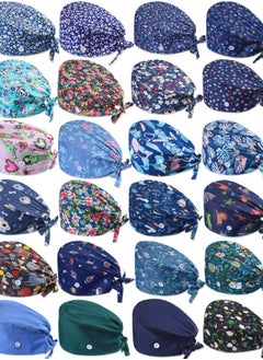 24 Pieces Adjustable Working Caps with Buttons Sweatband for Women Men, Nursing Scrub Hats Gourd Shaped Tie Back Cap for Doctor Nurse Beauty Salon Caps, Cotton Headwear Printed