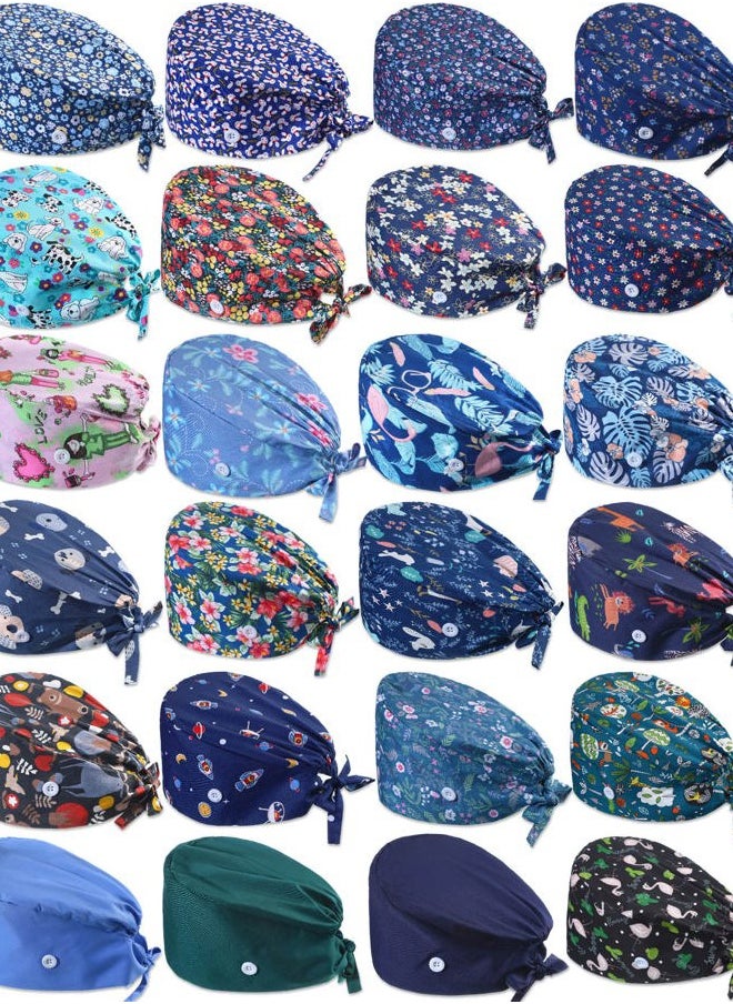 Zhanmai - 24 Pieces Adjustable Working Caps with Buttons Sweatband for Women Men, Nursing Scrub Hats Gourd Shaped Tie Back Cap for Doctor Nurse Beauty Salon Caps, Cotton Headwear Printed - Image 1