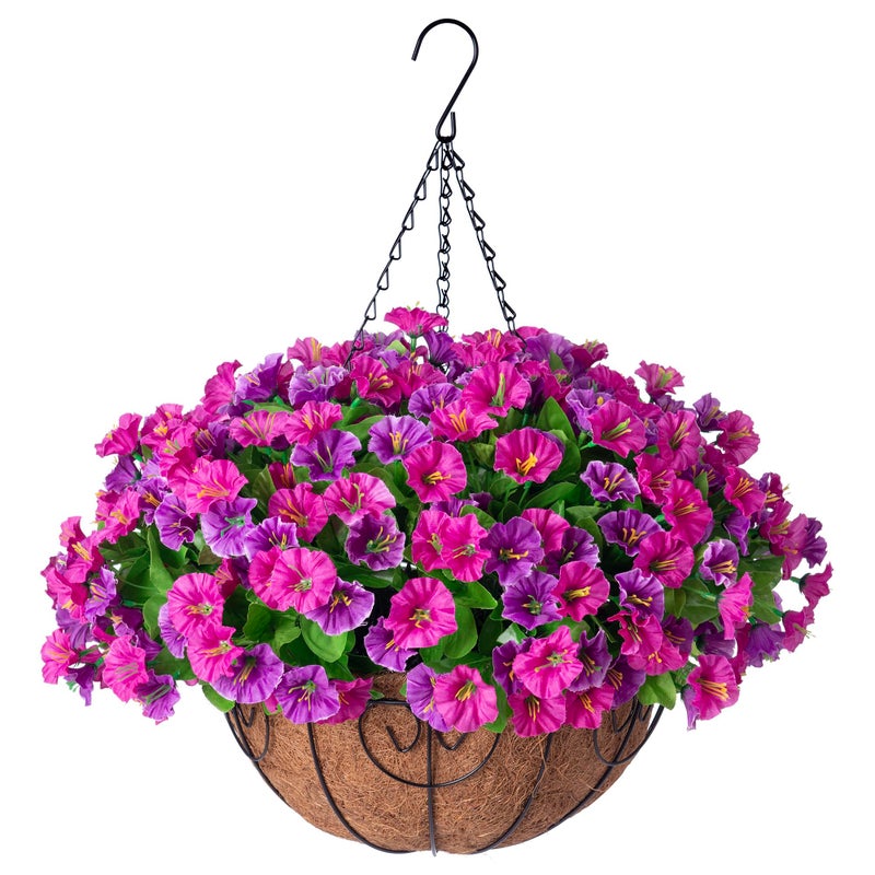 Ammyoo Artificial Hanging Flowers with Basket, Faux Silk Petunias Flower Arrangement, Coconut Lining with Morning Glories Fake Plants Patio Garden Porch Deck Spring Summer Decor(Lotus and Fuchsia) - Image 1