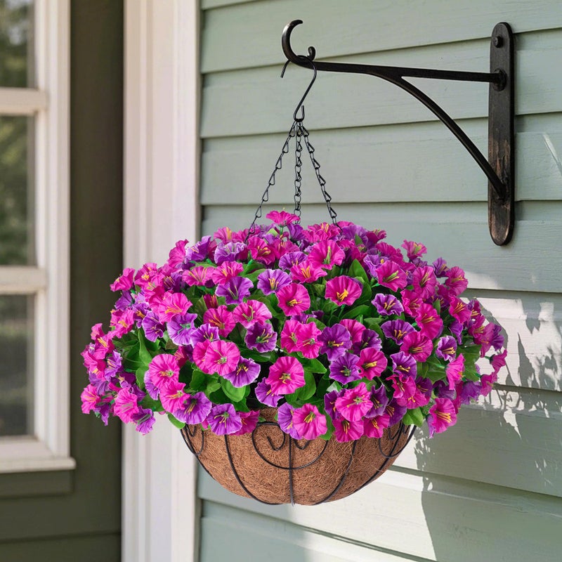 Ammyoo Artificial Hanging Flowers with Basket, Faux Silk Petunias Flower Arrangement, Coconut Lining with Morning Glories Fake Plants Patio Garden Porch Deck Spring Summer Decor(Lotus and Fuchsia) - Image 2