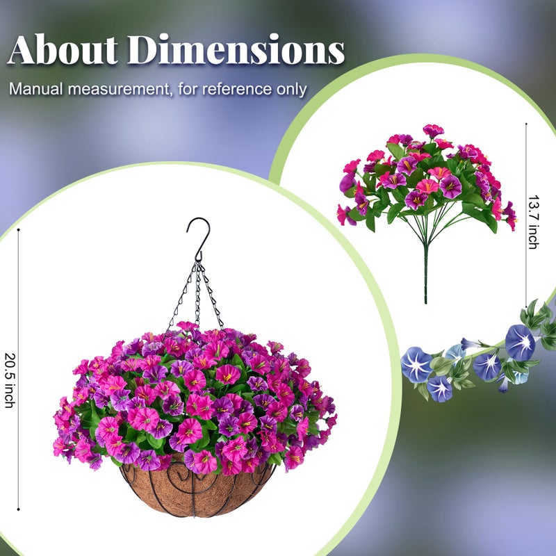 Ammyoo Artificial Hanging Flowers with Basket, Faux Silk Petunias Flower Arrangement, Coconut Lining with Morning Glories Fake Plants Patio Garden Porch Deck Spring Summer Decor(Lotus and Fuchsia) - Image 3