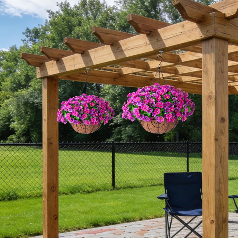 Ammyoo Artificial Hanging Flowers with Basket, Faux Silk Petunias Flower Arrangement, Coconut Lining with Morning Glories Fake Plants Patio Garden Porch Deck Spring Summer Decor(Lotus and Fuchsia) - Image 5