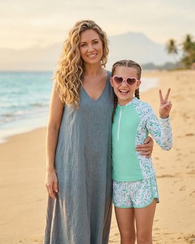 DivingBirds Girls Rash Guard Swimsuit 2 Piece Set for Girls 1011Years Long Sleeve Swimwear with Zipper Green Leaves - Image 3