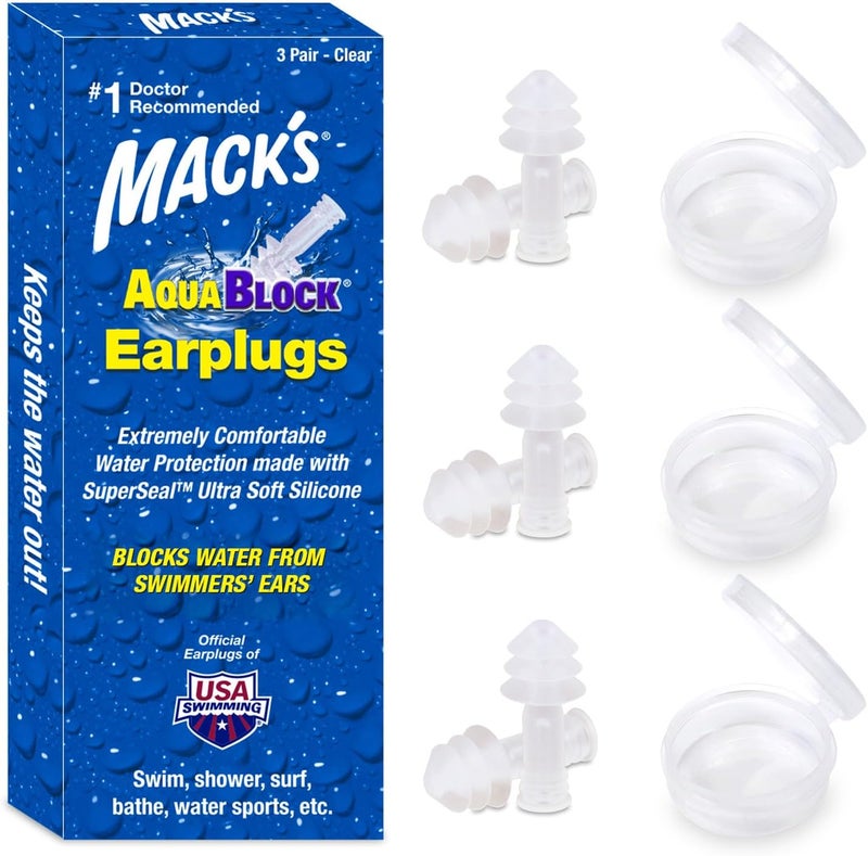 Mack's AquaBlock Swimming Earplugs, 3 Pair | Waterproof, Reusable Silicone Ear Plugs for Swimming | Swim Ear Plugs for Snorkeling, Showering, Surfing, Bathing (Clear) - Image 1