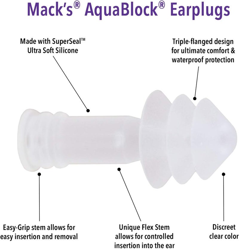 Mack's AquaBlock Swimming Earplugs, 3 Pair | Waterproof, Reusable Silicone Ear Plugs for Swimming | Swim Ear Plugs for Snorkeling, Showering, Surfing, Bathing (Clear) - Image 2