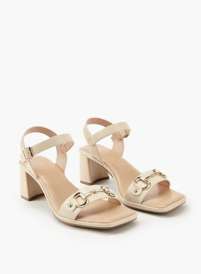 Paprika Metal Accent Block Heel Sandals With Buckle Closure