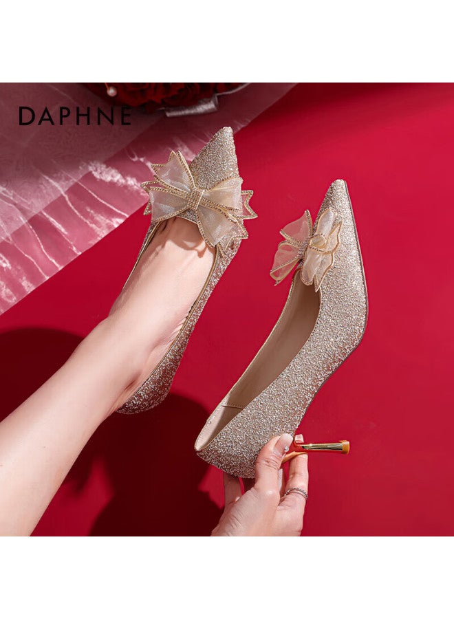 Daphne Daphne Fine Heel High Heels Women's Spring French Pointed Wedding Shoes With Bow Silver Bridal Shoes Single Shoes Champagne Color Size 36 - Image 2