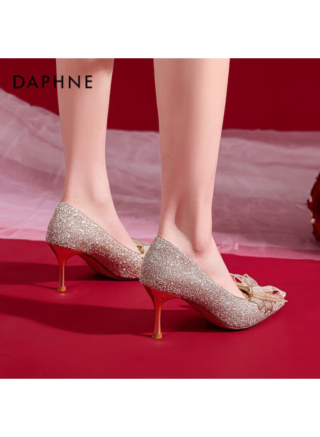 Daphne Daphne Fine Heel High Heels Women's Spring French Pointed Wedding Shoes With Bow Silver Bridal Shoes Single Shoes Champagne Color Size 36 - Image 3