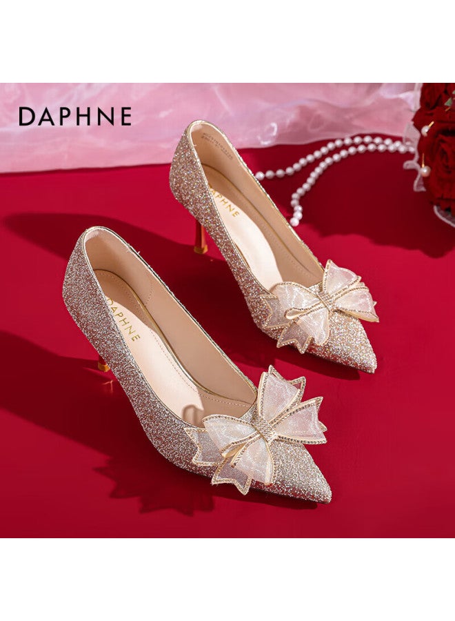 Daphne Daphne Fine Heel High Heels Women's Spring French Pointed Wedding Shoes With Bow Silver Bridal Shoes Single Shoes Champagne Color Size 36 - Image 5