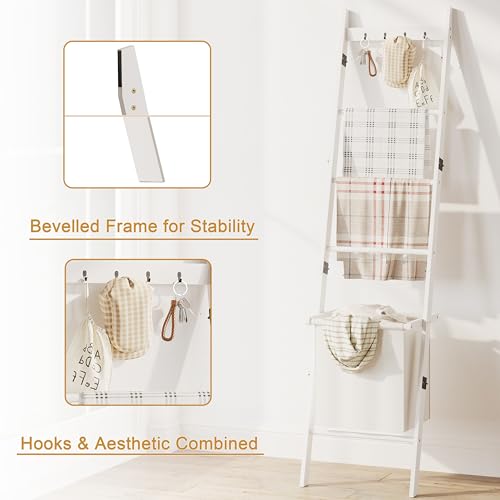 BAMBANG Blanket Ladder with Basket, 5- Tier Blanket Quilt Holder Towel Rack with 4 Hooks for Living Room, Wall Leaning Decorative Ladder Shelf with Storage Hamper, Bamboo White - Image 3