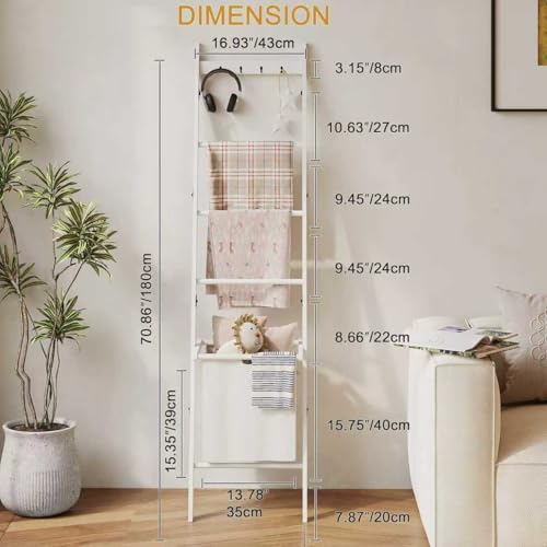 BAMBANG Blanket Ladder with Basket, 5- Tier Blanket Quilt Holder Towel Rack with 4 Hooks for Living Room, Wall Leaning Decorative Ladder Shelf with Storage Hamper, Bamboo White - Image 4