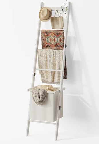BAMBANG Blanket Ladder with Basket, 5- Tier Blanket Quilt Holder Towel Rack with 4 Hooks for Living Room, Wall Leaning Decorative Ladder Shelf with Storage Hamper, Bamboo White - Image 1