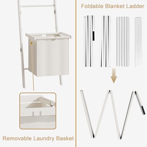 BAMBANG Blanket Ladder with Basket, 5- Tier Blanket Quilt Holder Towel Rack with 4 Hooks for Living Room, Wall Leaning Decorative Ladder Shelf with Storage Hamper, Bamboo White - Image 5