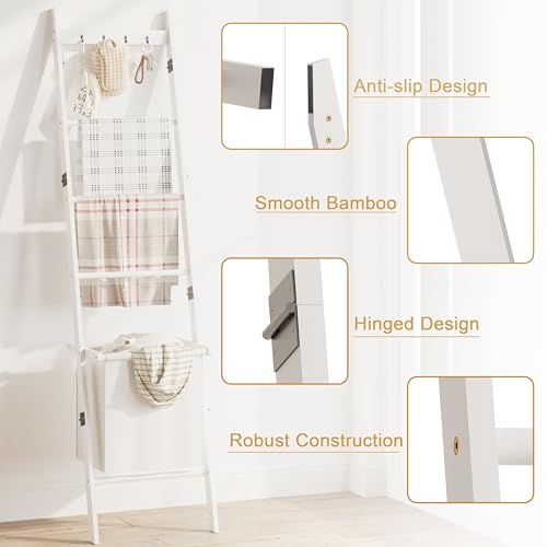 BAMBANG Blanket Ladder with Basket, 5- Tier Blanket Quilt Holder Towel Rack with 4 Hooks for Living Room, Wall Leaning Decorative Ladder Shelf with Storage Hamper, Bamboo White - Image 2
