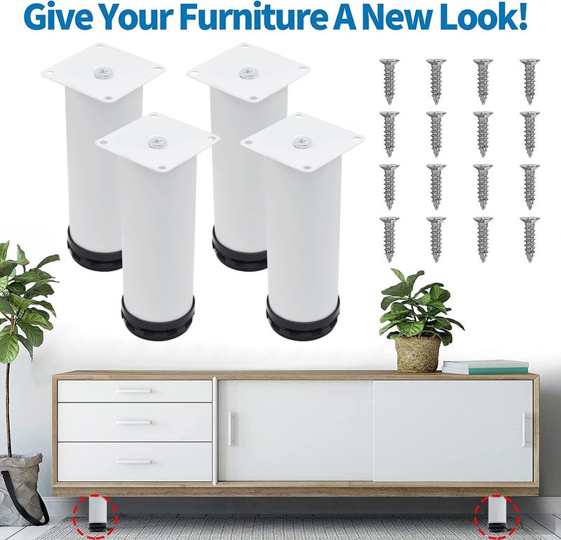 Masendelk 6 Inch Metal Furniture Legs Stainless Steel Adjustable Legs White Metal Legs Round Cabinet Legs for Coffee Table Cabinet Desk Sofa Shelves, Pack of 4 - Image 3