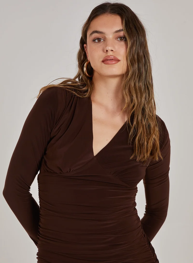 Pink Vanilla  V Neck Slinky Long Sleeve Dress for Women | Best Price UAE