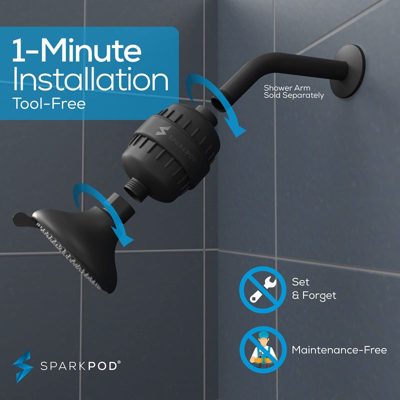 SparkPod 23-Stage Filtered Shower Head with 3 Spray Settings - High Pressure Shower Head with Filters for Dry Hair and Skin - Showerhead with Filter Reduces Chlorine & Heavy Metals (Black Matte) - Image 5