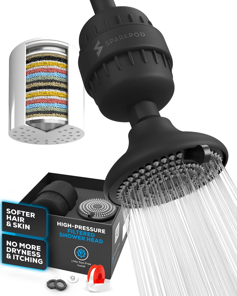 SparkPod 23-Stage Filtered Shower Head with 3 Spray Settings - High Pressure Shower Head with Filters for Dry Hair and Skin - Showerhead with Filter Reduces Chlorine & Heavy Metals (Black Matte) - Image 1