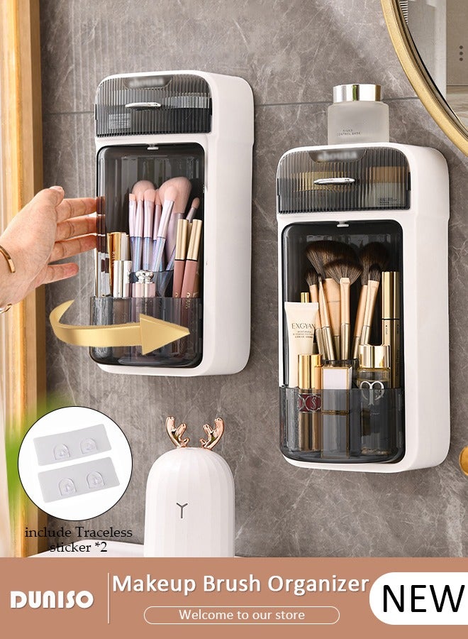 DUNISO 360 Rotation Makeup Brush Organizer, Wall Mounted Bathroom Counter Organizer with Drawer, Large Capacity Make Up Brush Hold Rack, Makeup Brush Holder with Waterproof Dust-proof Covered, Space Saver Makeup Organizer for Floss/Cotton Swabs/Hair Accessories/Lipsticks - Image 1