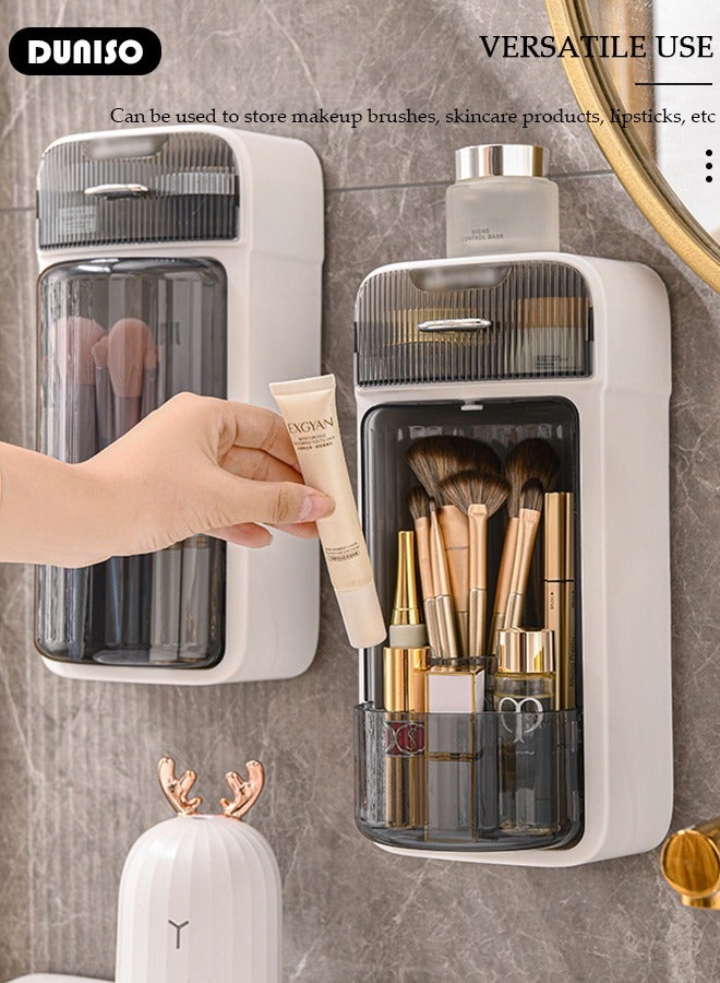 DUNISO 360 Rotation Makeup Brush Organizer, Wall Mounted Bathroom Counter Organizer with Drawer, Large Capacity Make Up Brush Hold Rack, Makeup Brush Holder with Waterproof Dust-proof Covered, Space Saver Makeup Organizer for Floss/Cotton Swabs/Hair Accessories/Lipsticks - Image 2