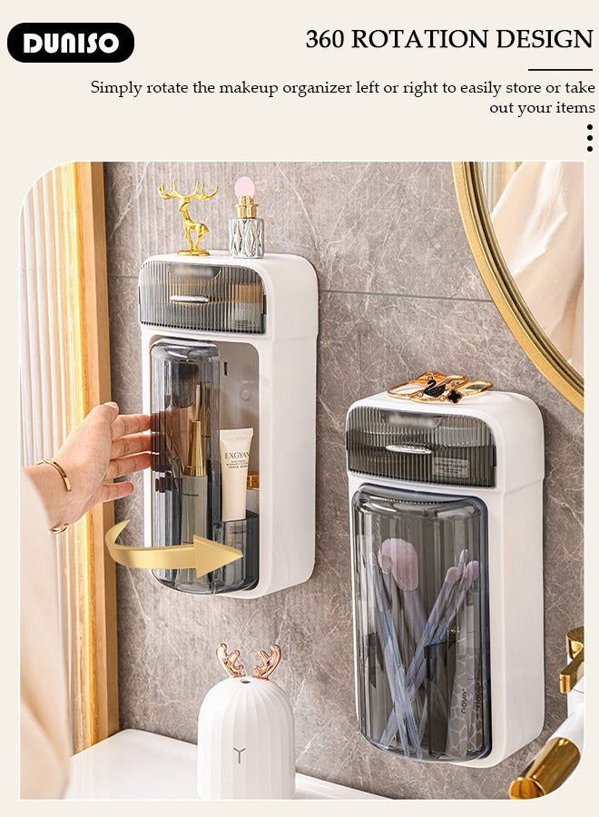 DUNISO 360 Rotation Makeup Brush Organizer, Wall Mounted Bathroom Counter Organizer with Drawer, Large Capacity Make Up Brush Hold Rack, Makeup Brush Holder with Waterproof Dust-proof Covered, Space Saver Makeup Organizer for Floss/Cotton Swabs/Hair Accessories/Lipsticks - Image 4