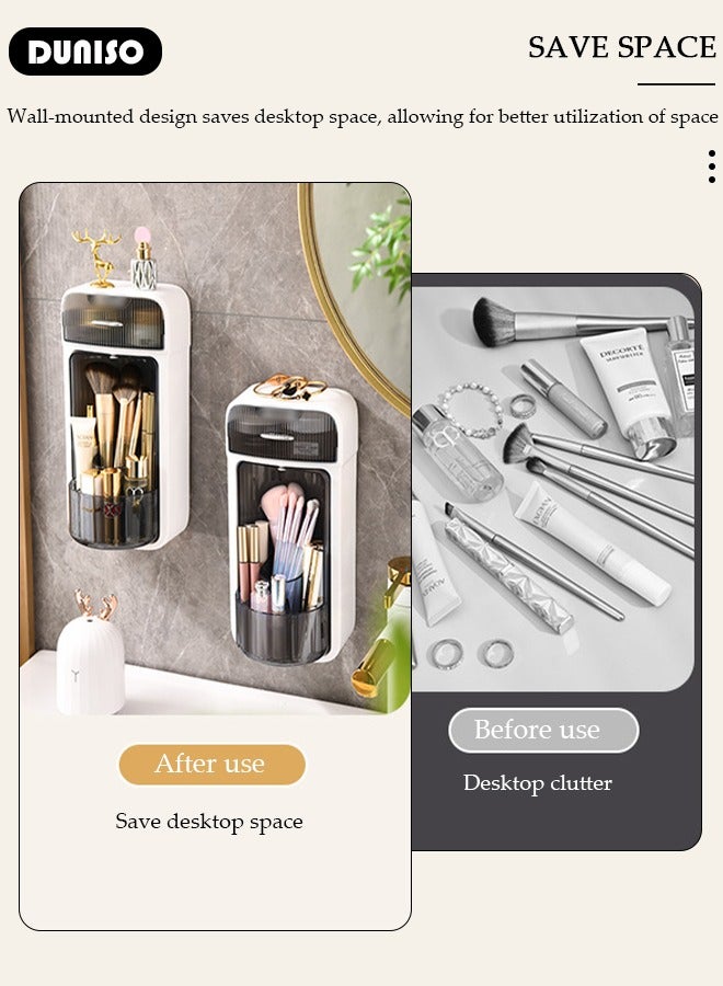 DUNISO 360 Rotation Makeup Brush Organizer, Wall Mounted Bathroom Counter Organizer with Drawer, Large Capacity Make Up Brush Hold Rack, Makeup Brush Holder with Waterproof Dust-proof Covered, Space Saver Makeup Organizer for Floss/Cotton Swabs/Hair Accessories/Lipsticks - Image 5