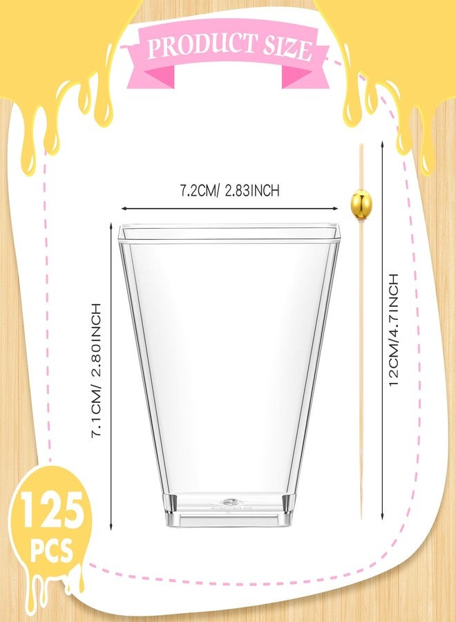 جيجوي مجموعة جيجوي المكونة من 125 كوبًا بلاستيكيًا للحلويات سعة 7 أونصات مع 125 عودًا من الخيزران، أكواب مربعة للتقديم مع أعواد كوكتيل للحفلات، الآيس كريم، بودنغ الفاكهة، الوجبات الخفيفة، المقبلات، لوازم حفلات الزفاف - Image 2