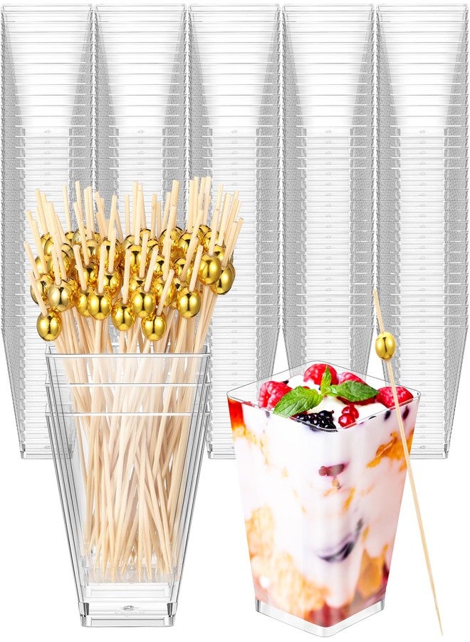 جيجوي مجموعة جيجوي المكونة من 125 كوبًا بلاستيكيًا للحلويات سعة 7 أونصات مع 125 عودًا من الخيزران، أكواب مربعة للتقديم مع أعواد كوكتيل للحفلات، الآيس كريم، بودنغ الفاكهة، الوجبات الخفيفة، المقبلات، لوازم حفلات الزفاف - Image 1