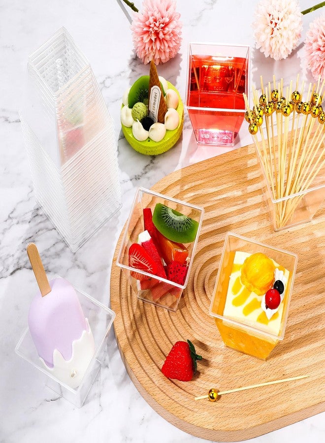 جيجوي مجموعة جيجوي المكونة من 125 كوبًا بلاستيكيًا للحلويات سعة 7 أونصات مع 125 عودًا من الخيزران، أكواب مربعة للتقديم مع أعواد كوكتيل للحفلات، الآيس كريم، بودنغ الفاكهة، الوجبات الخفيفة، المقبلات، لوازم حفلات الزفاف - Image 4