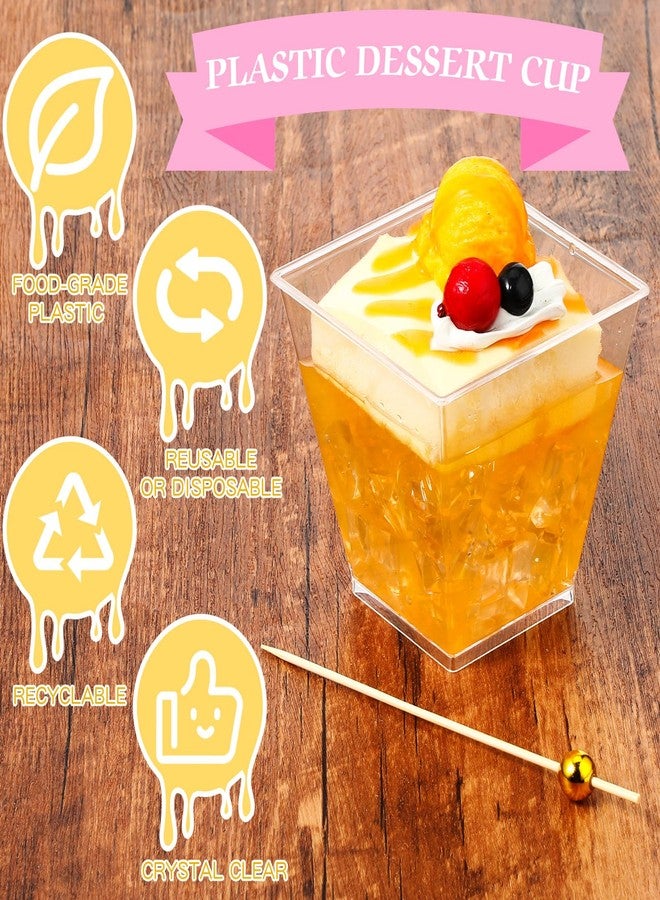 جيجوي مجموعة جيجوي المكونة من 125 كوبًا بلاستيكيًا للحلويات سعة 7 أونصات مع 125 عودًا من الخيزران، أكواب مربعة للتقديم مع أعواد كوكتيل للحفلات، الآيس كريم، بودنغ الفاكهة، الوجبات الخفيفة، المقبلات، لوازم حفلات الزفاف - Image 3