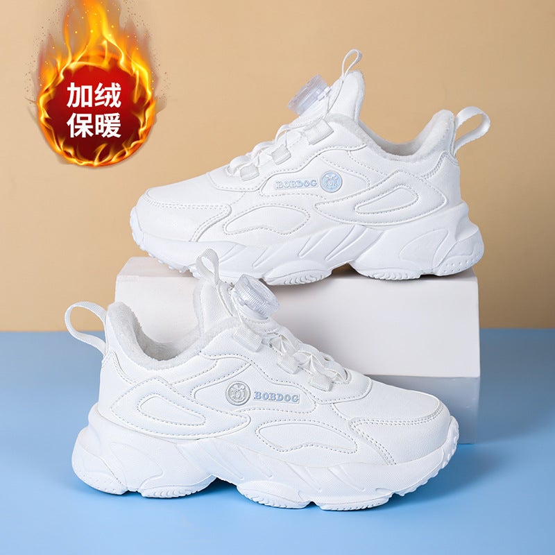 Babdou Children'S Shoes Girls' White Shoes Boys' Leather 2023 New Two Cotton Fleece-Lined Children'S Sports Shoes - Image 3