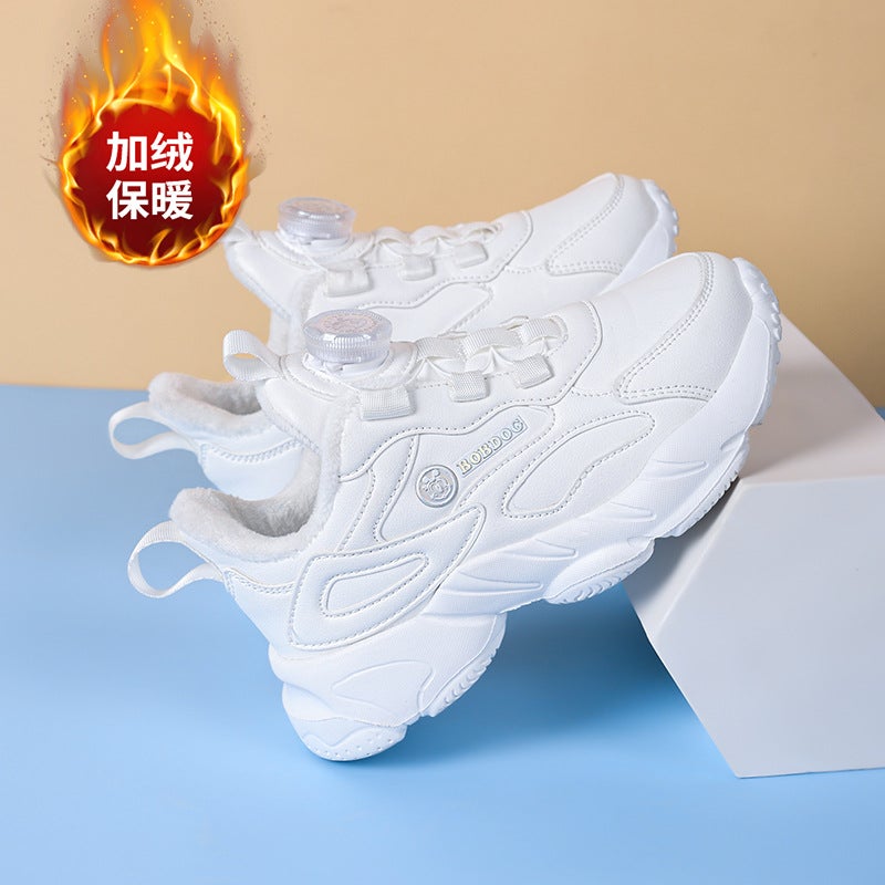 Babdou Children'S Shoes Girls' White Shoes Boys' Leather 2023 New Two Cotton Fleece-Lined Children'S Sports Shoes - Image 2