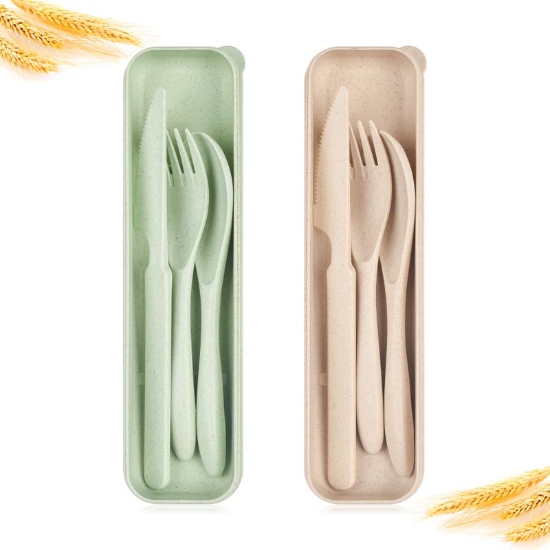Travel Utensil Set with Case 2 Sets Wheat Straw Reusable Spoon Chopstick Forks Tableware Portable Cutlery Travel Picnic Camping or Daily Use Beige Green