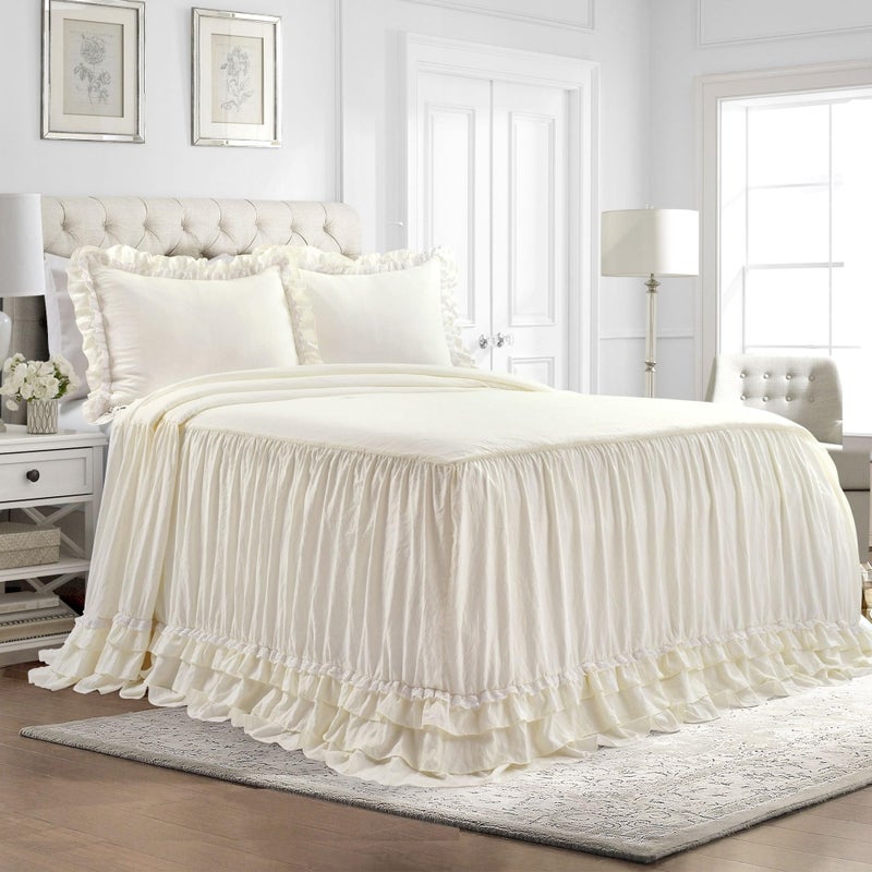 Lush Decor Ella Ruffle Lace Bedspread 3 Piece Set Queen Ivory  Cute Bed Set  Queen Bedding  White Bedding  Coquette Decor  Neutral Ruffle Trim  White Lace Trim