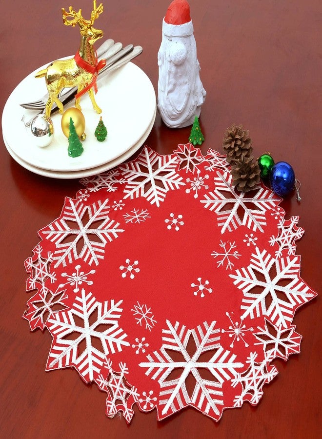 Simhomsen Set of 4 Embroidered Snowflakes Round Doily, Place-mats Round 15 inches for Christmas Holiday and Winter, Dining Table Centerpieces (Red) - Image 3