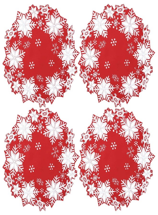 Simhomsen Set of 4 Embroidered Snowflakes Round Doily, Place-mats Round 15 inches for Christmas Holiday and Winter, Dining Table Centerpieces (Red) - Image 2
