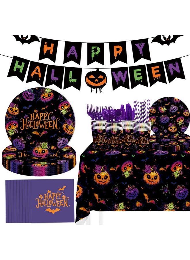 MEHOFOND Halloween Party Supplies194Pcs, Evil Purple Pumpkin Halloween Plates And Napkins Tableware Set With Cups Tablecloth Banner For Spooky Bat Spider Halloween Party Decorations, Serves 24 Guests  - Image 1